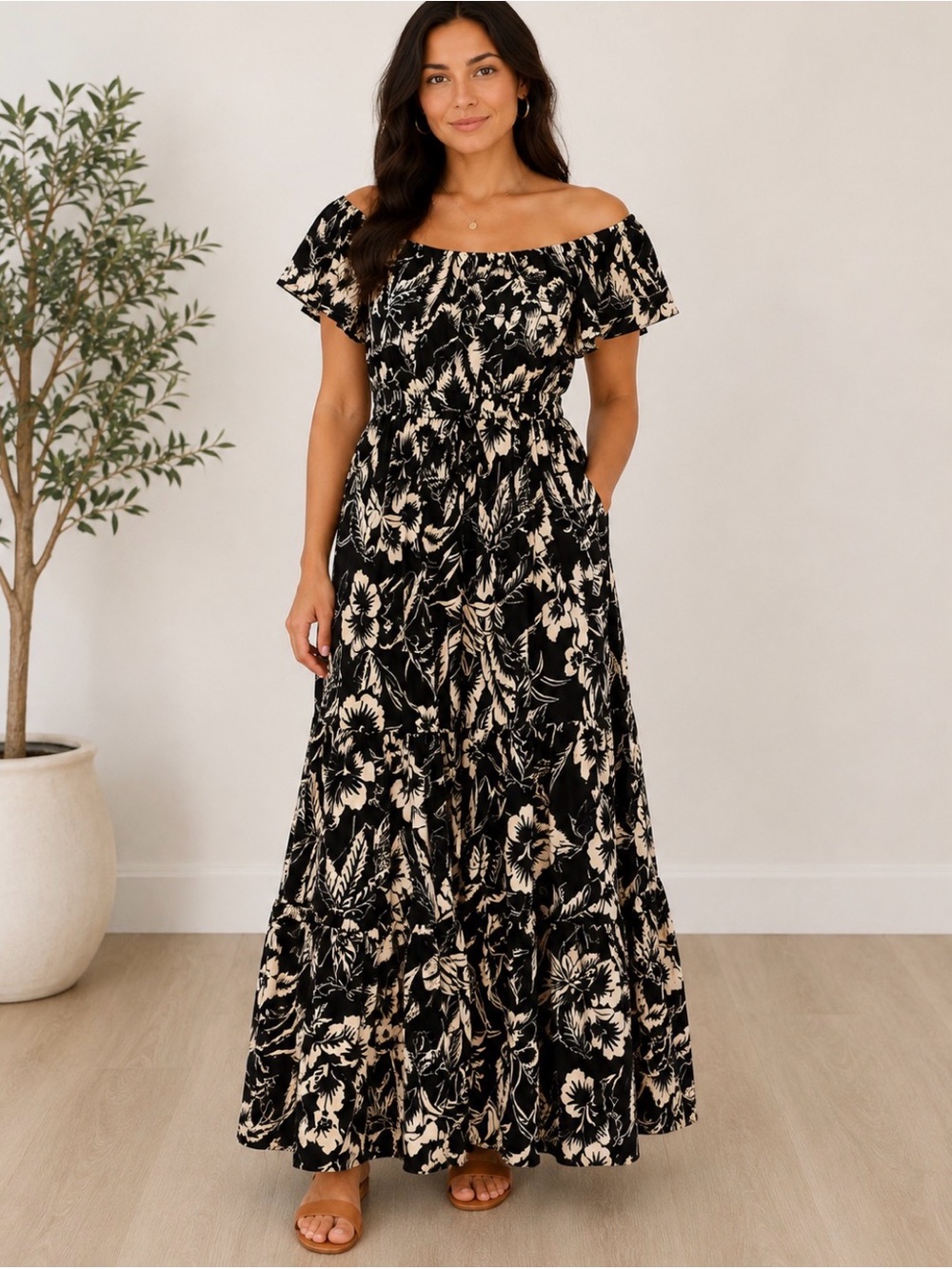 Ralph Lauren Black and Beige Off-Shoulder Floral Maxi Dress